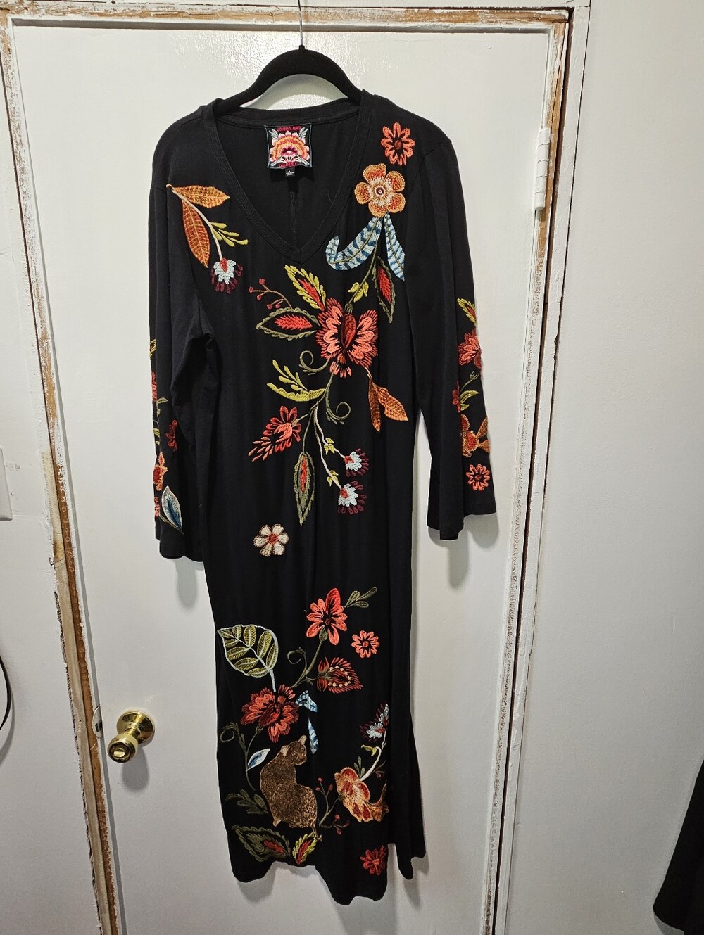 Johnny Was Black Maxi Dress with Multicolor Floral Embroidery